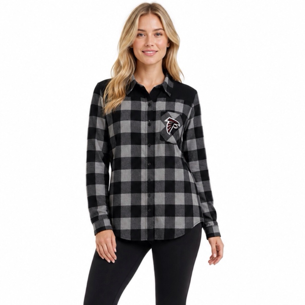 Atlanta Falcons Womens Juniors Shirt Size Large 11/13 Black Gray Plaid Button Up